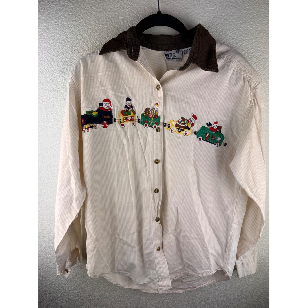 Vintage 80s Embroidered Christmas‎ Button Up Shirt Santa Corduroy Collar S